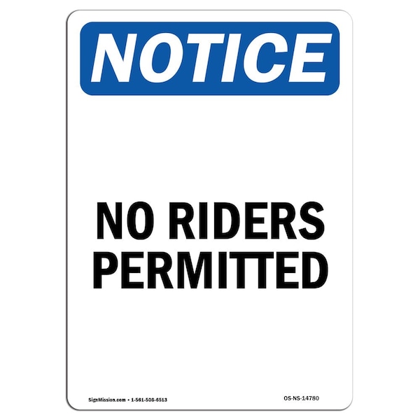 Safety Sign, OSHA Notice, 5" Height, No Riders Permitted Sign, Portrait, 10PK